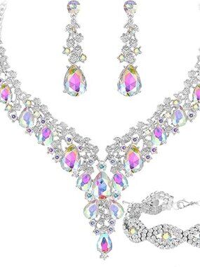 Bridal Bridesmaid Prom Crystal Rhinestone Jewelry Set Silver Tone w/ Iridescent